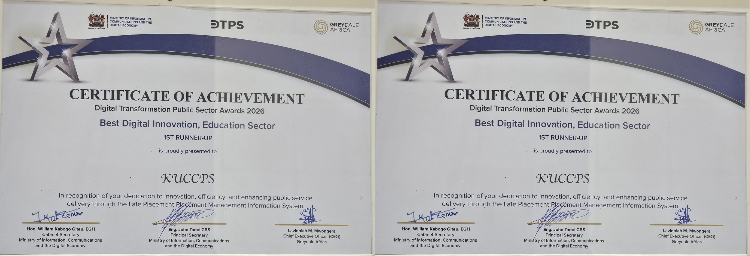 A photo of the Certificate awarded to KUCCPS after being named 1st Runner-Up in the Best Digital Innovation, Education Sector category at the Digital Transformation Public Sector Awards 2026. PHOTO/ KUCCPS X