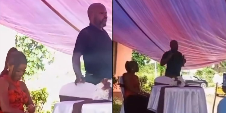 Collage photo showing the Man confronting his fiancee during their engagement party after finding her texting with four other married men. Photo/ Omwamba / X