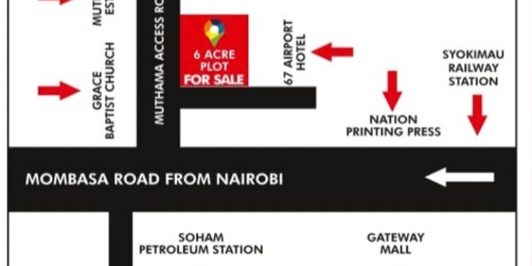 6-acre plot for sale near Mombasa Road and Syokimau, off Muthama Access Road, with a perimeter wall and proximity to Gateway Mall and railway terminus.