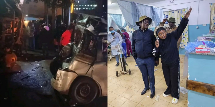 A collage photo of the vehicle which was crashed by a lorry at the Riverland area of Meru town on the night of Thursday, October 8, 2026 and Meru Deputy governor Lindah Gitonga at the hospital after taking those injured for medication. PHOTO/ Lindah Gitonga Facebook