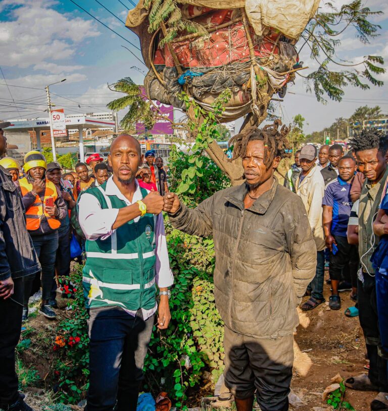 A photo collage of Geoffrey Mosiria, Tree man and house on the tree along Jogoo road, PHOTO/ X ACCOUNT Mosiria