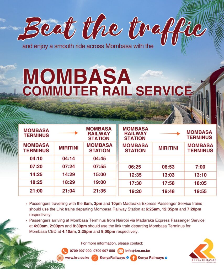A poster showing new SGR prices in Mombasa. PHOTO/ Kenya Railways X