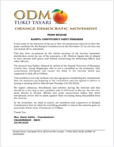 Press Statement issued by the ODM Party on Disruptions of Kasipul Constituency Party Primaries. PHOTO/ ODM X. 