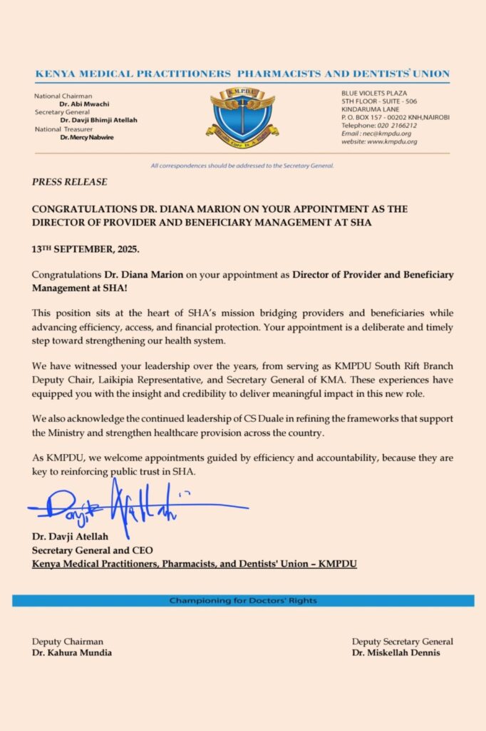 A newsletter by KMPDU congratulating Dr. Marion’s appointment to SHA's Board. PHOTO/ KMPDU X