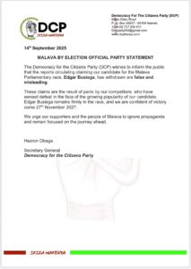 Press Release by DCP on false claims of their candidacy withdrawal on Malava By-Election. PHOTO/  DCP X 