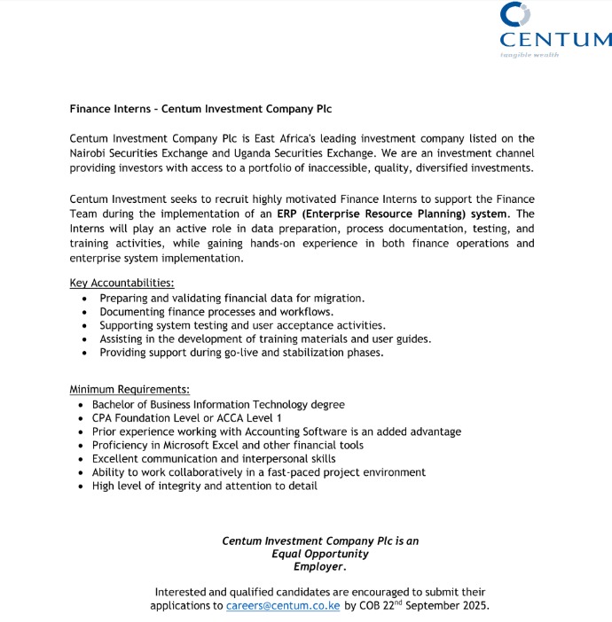 Formal Notice from Centum Investment Company plc seeking for interns PHOTO/ Centum official website