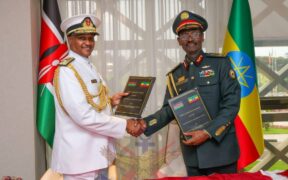 CSF General Charles Kahariri with Chief of the Ethiopian National Defence Forces, Field Marshall Birhanu Jula during after signing the defence agreement. PHOTO/KDF.