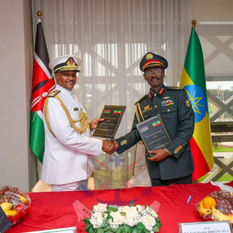 CSF General Charles Kahariri with Chief of the Ethiopian National Defence Forces, Field Marshall Birhanu Jula during after signing the defence agreement. PHOTO/KDF.