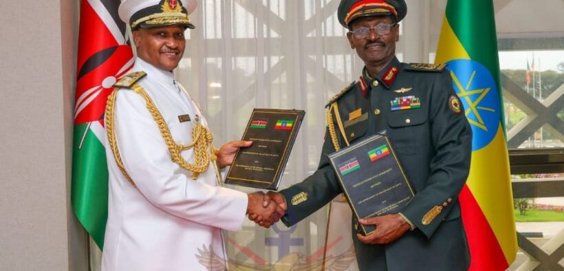 CSF General Charles Kahariri with Chief of the Ethiopian National Defence Forces, Field Marshall Birhanu Jula during after signing the defence agreement. PHOTO/KDF.