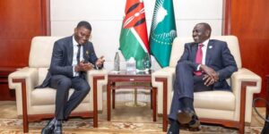Kenya President William Ruto during a meeting with Grenada Prime Minister Dickon Mitchell on the sidelines of the second Africa-CARICOM Summit, Addis Ababa, Ethiopia. PHOTO/PCS.