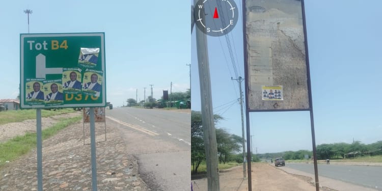 Photos of political posters mounted on different road signs. PHOTO/KeNHA.