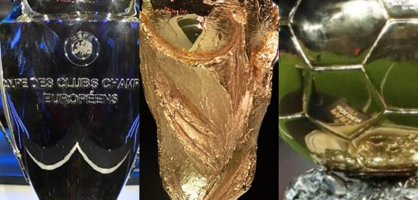 From left: Champions League trophy, FIFA World Cup trophy and the Ballon d'Or. PHOTO/UGC.