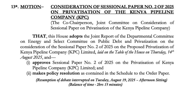 The National Assembly adopts a Sessional Paper on privatization of Kenya Pipeline Company Limited on October 1, 2025. PHOTO/ Parliament of Kenya FB