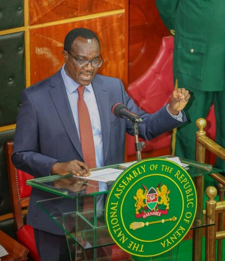 Education Cabinet Secretary Julius Migos Ogamba addressing Members of Parliament. PHOTO/ PCS, Facebook.