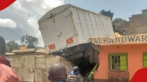 The Wreckage of the Lorry That Rammed into a Hardware in Kiambu County. PHOTO/ Tuko
