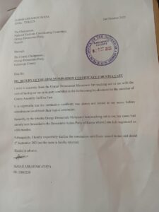 A letter written to the chairperson of NECC Emily Awitta by Ayaya Image/X