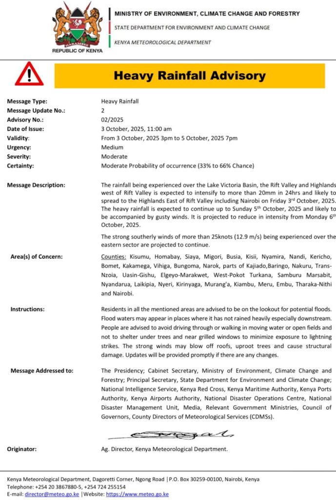 Kenya Met publication listing counties that will receive heavy rainfall in the next 24 hours from October 3. PHOTO/ KMD X Account