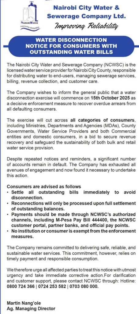 Nairobi Water Company notice of disconnecting water to it's Consumers. PHOTO/Nairobi Water X