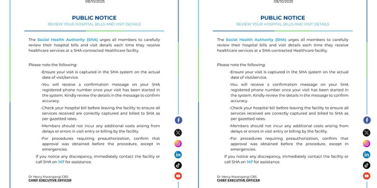 SHA CEO Mercy Mwangangi has sent directives to Kenyans regarding hospital visits and bills. PHOTO/SHA.