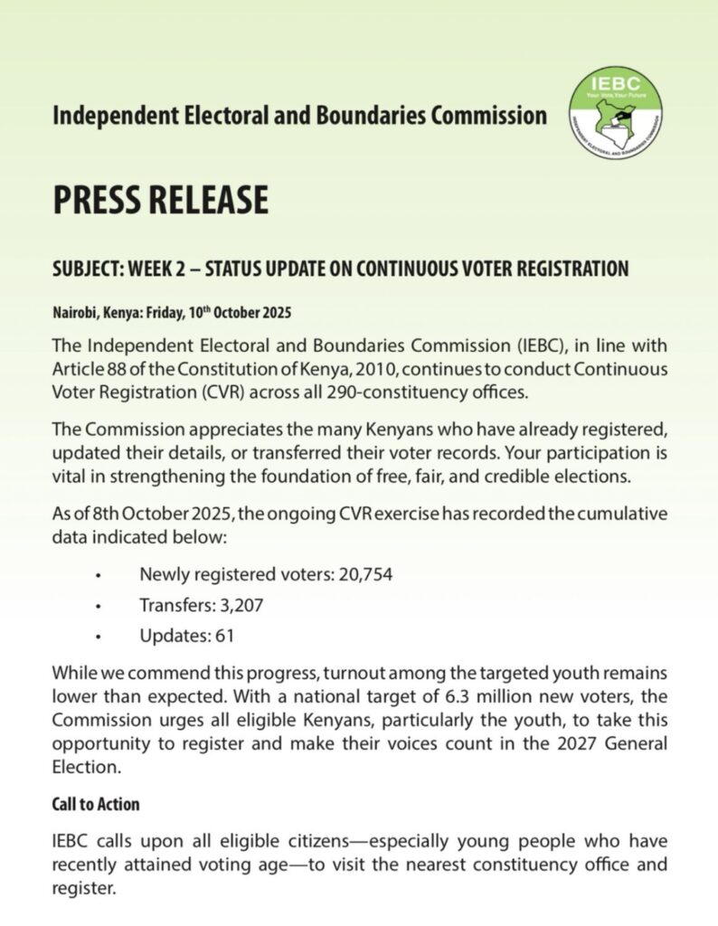 IEBC press release of updated status of CVR. PHOTO/ IEBC X