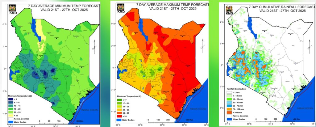 A Photo Collage Showing The Rainfall Forecast And The Maximum and Minimum Temperature Forecast for the Period between October 21st and 27th. PHOTO/ Kenya Met X.