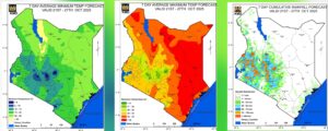 A Photo Collage Showing The Rainfall Forecast And The Maximum and Minimum Temperature Forecast for the Period between October 21st and 27th. PHOTO/ Kenya Met X.