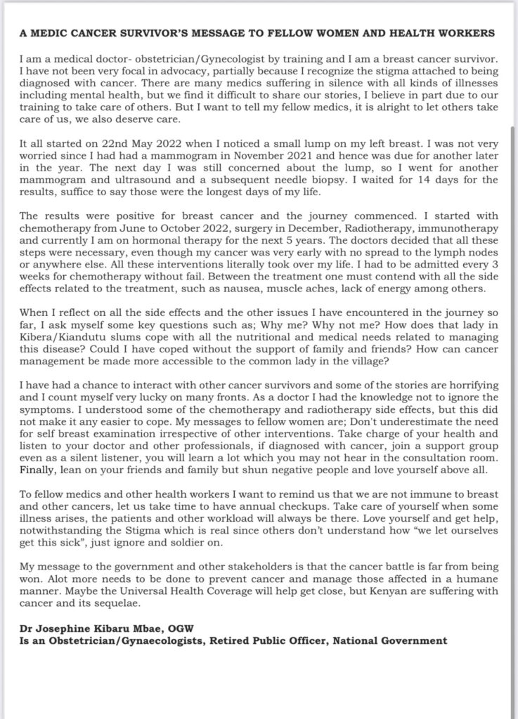 Cancer Survivor Message to Women and Health Workers. PHOTO/MoH X