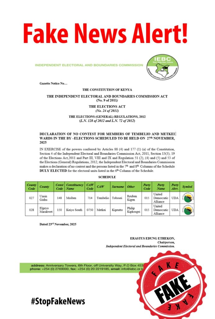 IEBC nullifies this notice circulating online as fake.PHOTO/ IEBC X
