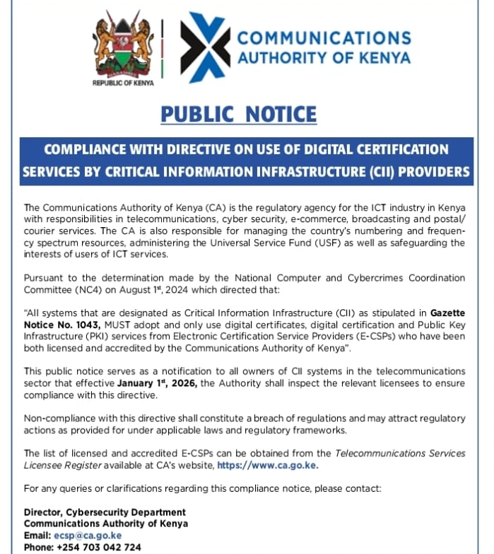 Communication Authority of Kenya public notice. PHOTO/CA X