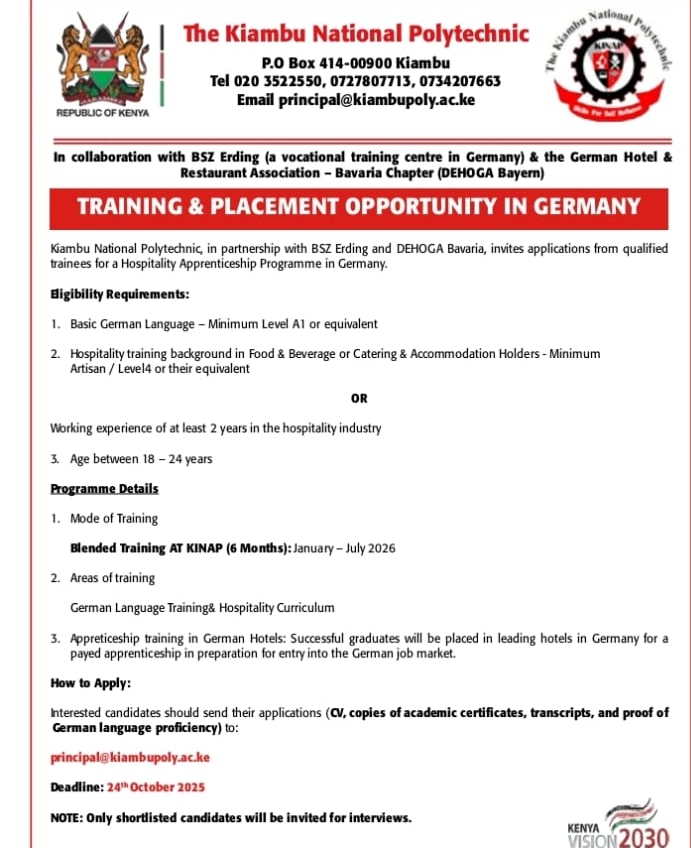 Notice from Kiambu National Polytechnic offering training and job opportunities in Germany. PHOTO/KNP Website
