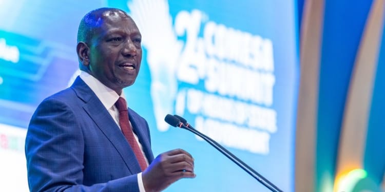 President William Ruto is speaking during the official opening of the 24th COMESA Summit of Heads of State and Government at the Kenyatta International Convention Centre in Nairobi. PHOTO/PCS.