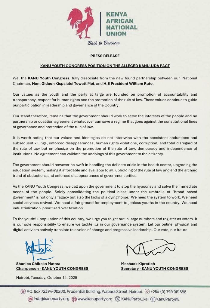 KANU Youths public notice of dissociating with Ruto-Gideon Pact. PHOTO/FILE