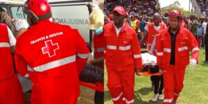 Kenya Red Cross Search And Rescue Team Members Assist An Injured Person At Jomo Kenyatta International Stadium (Mamboleo) In Kisumu. PHOTO/ Courtesy