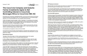 Press Release by the Coca-Cola Company and Gutsche Family Investments (GFI) announcing an agreement to sell a 75% controlling interest in Coca-Cola Beverages Africa (CCBA) to Coca-Cola HBC AG. PHOTO/ Coca-Cola.