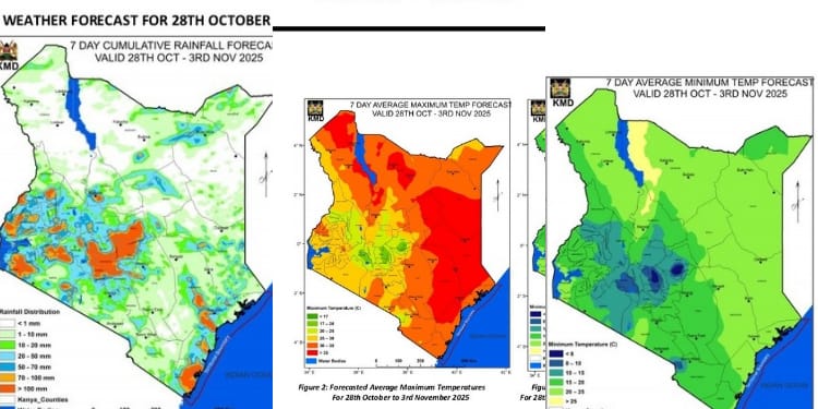 Kenya Met rainfall forecast, average minimum temperatures and average maximum temperature for the period between October 28th and November 3rd PHOTO/KMD