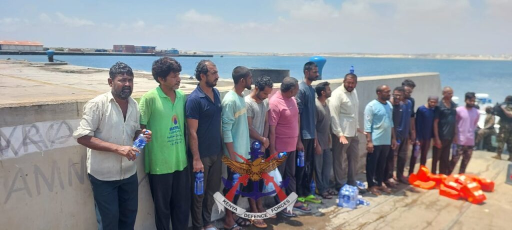 KDF officers rescued 16 people from a burning ship in the Indian Ocean. PHOTO/KDF.