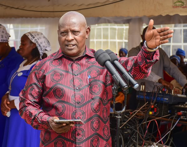Nyeri Governor Mutahi Kahiga speaking during the burial ceremony in Keini Constituency where he openly celebrated the death of former Prime Minister Raila Odinga. PHOTO/Kahiga Facebook.