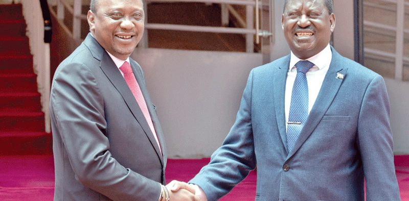 President Uhuru Kenyatta with Opposition leader Raila Odinga when they announced a political truce in March, 2018. Photo/PD/File
