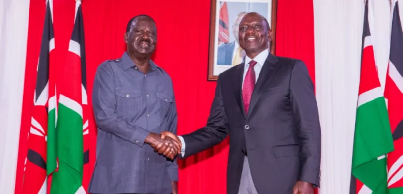 Former Prime Minister Raila Odinga shakes hands with President William Ruto after the two signed a coooperation agreement at KICC on March 7, 2025. PHOTO