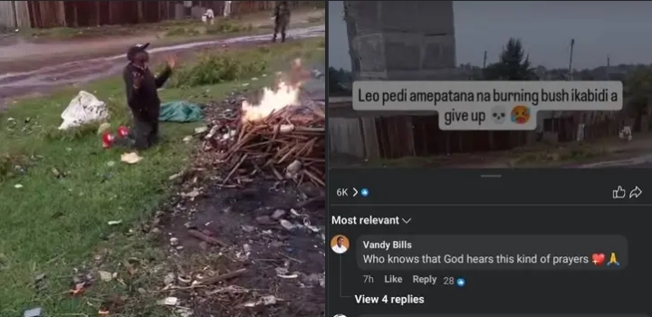 Collage of reactions and man kneeling before the burning firewood. PHOTO/FILE