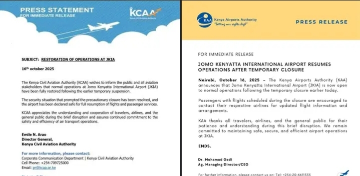 JKIA and KCAA notices about resumption of normal operations dated on October 16th, 2025. PHOTO/FILE