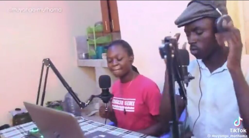 From Right, Owner of Bed-Sitter FM, Gach Okolo and His Co-Host Grace Inside Their Bed-Sitter Start-Up Studio. PHOTO/ Courtesy.