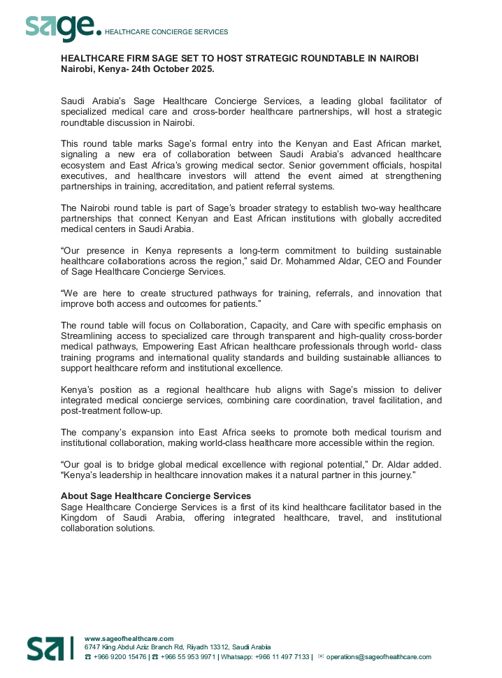Sage Healthcare press release statement. PHOTO/SH Web