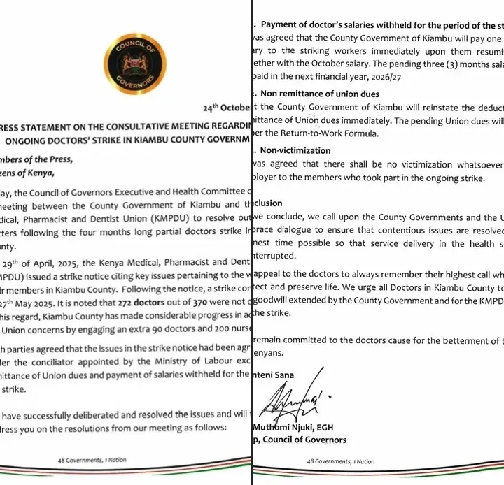 Press statement notice from CoG addressing the ongoing doctors strike in Kiambu County