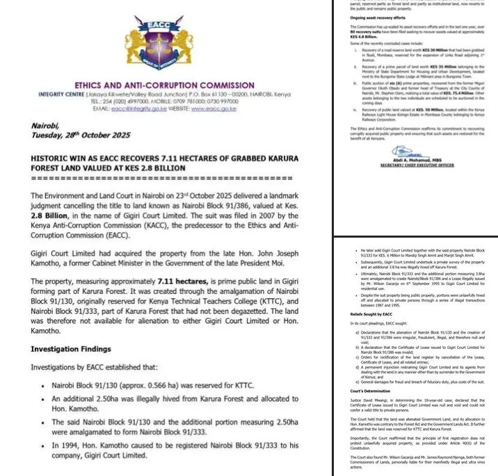 EACC notice of recovering hectares of land worthy billions. PHOTO/EACC X