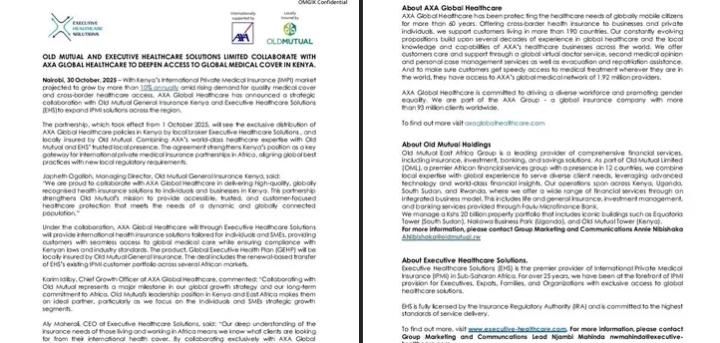 AXA Global Healthcare notice declaring new partnership. PHOTO/File