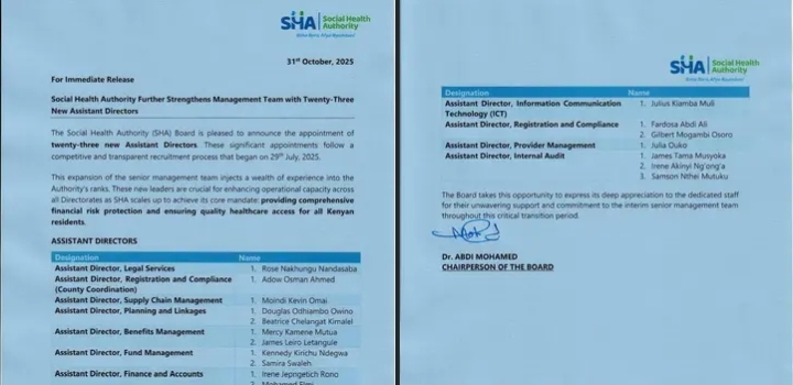 Social Health Authority(SHA) appoints New Assistant Directors