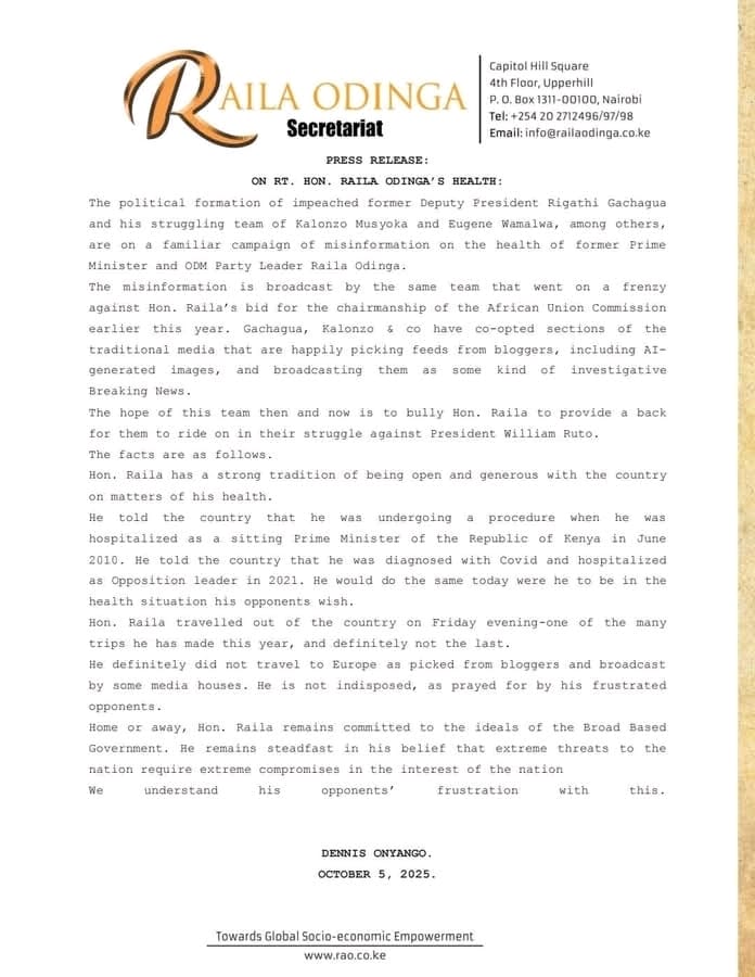 ODM Party has accused the United Opposition of spreading about the health of former Prime Minister Raila Odinga. PHOTO/ODM.