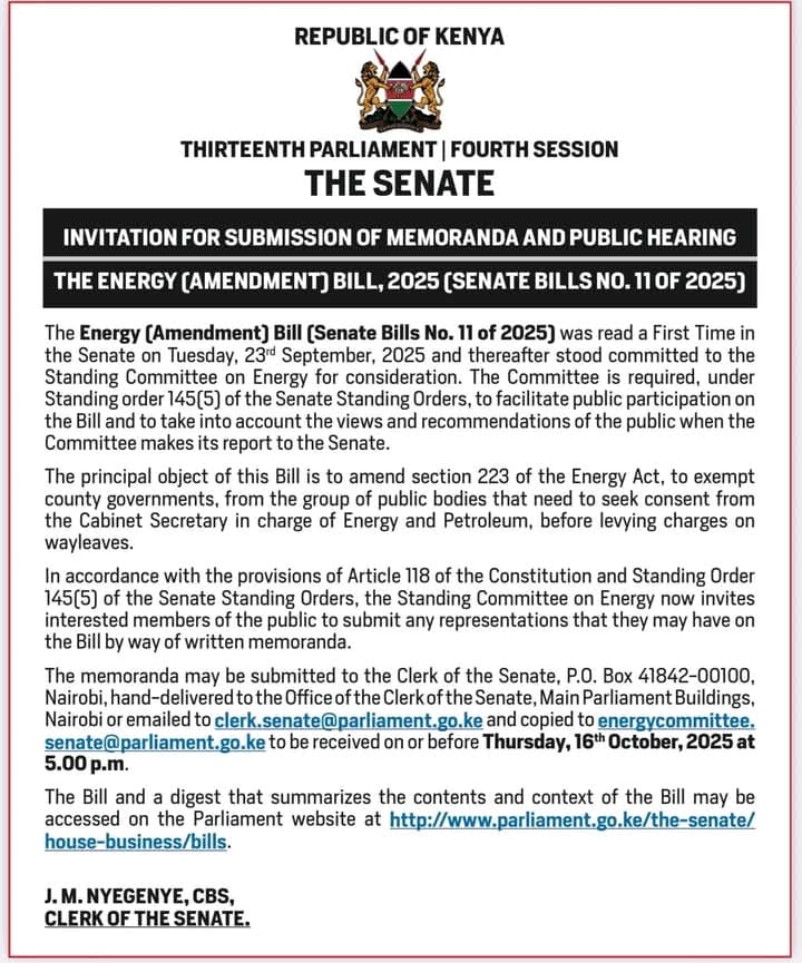 The Senate announces a public hearing on the Energy (Amendment) Bill 2025. PHOTO/Parliament.