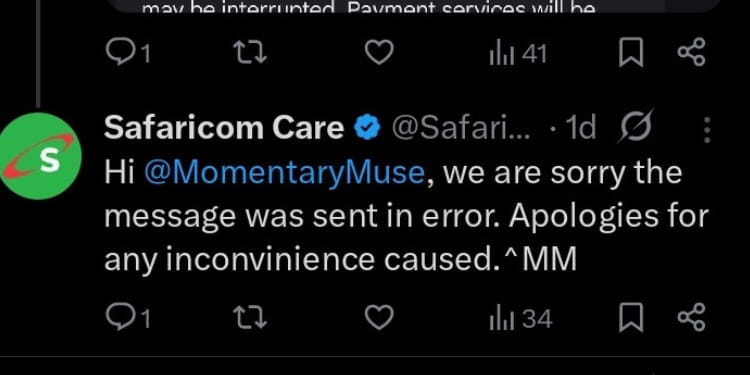 Safaricom response to a user who inquired about the planned internet outage. PHOTO/Safaricom X.